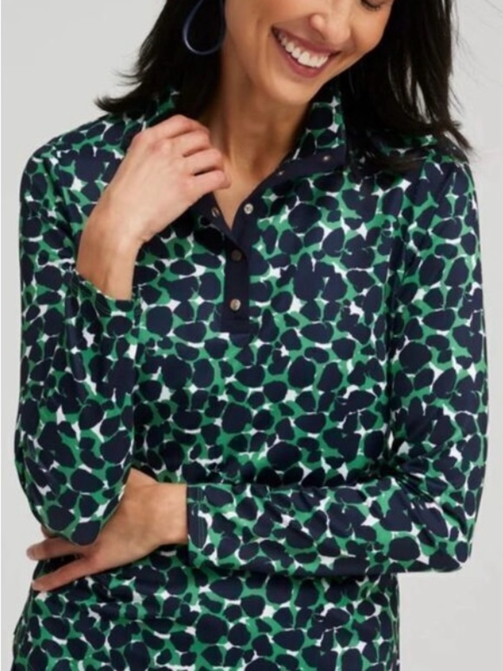 Chico's Navy and Green Abstract Snap-Front Top